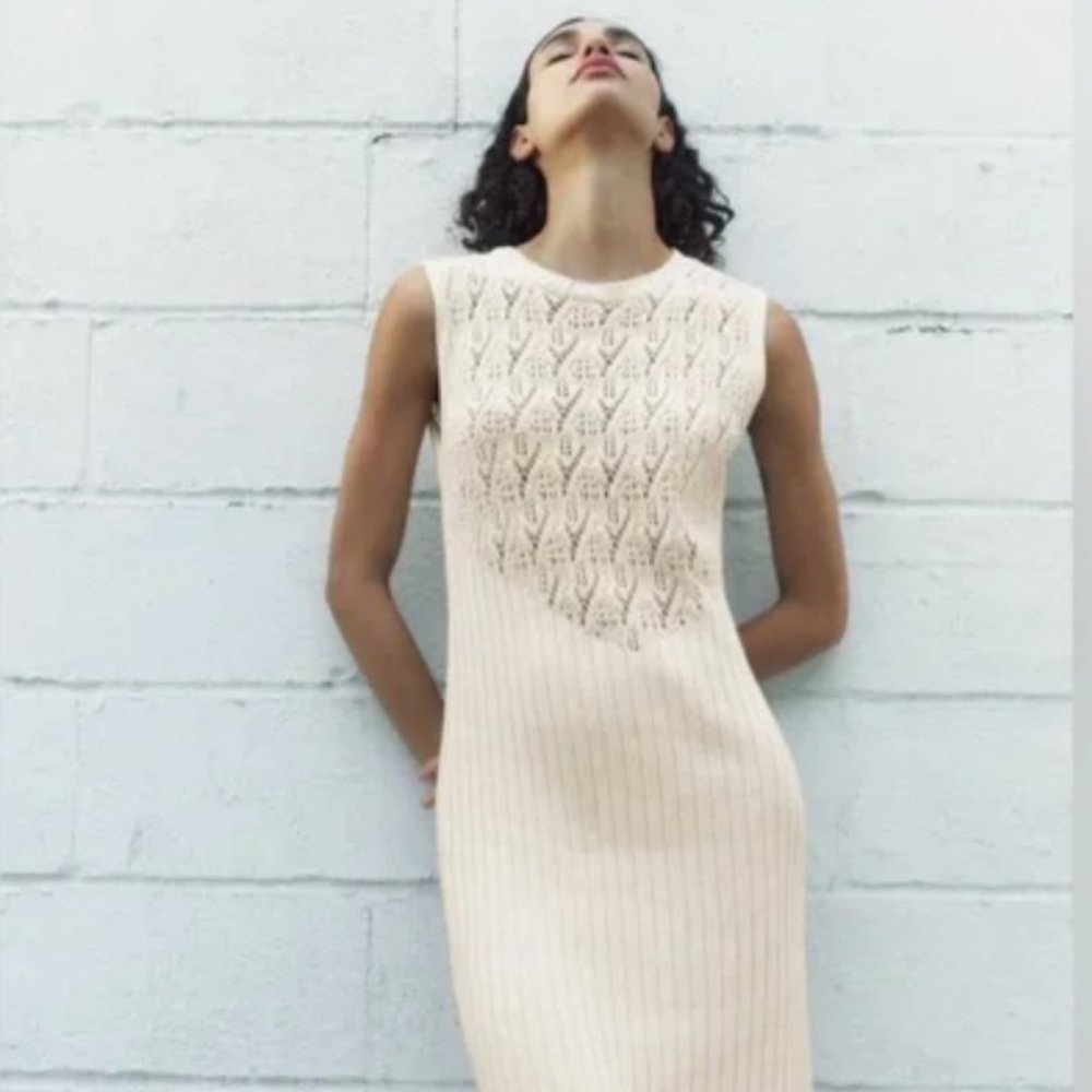Zara Knit Sleeveless Dress Ecru NWOT Size M